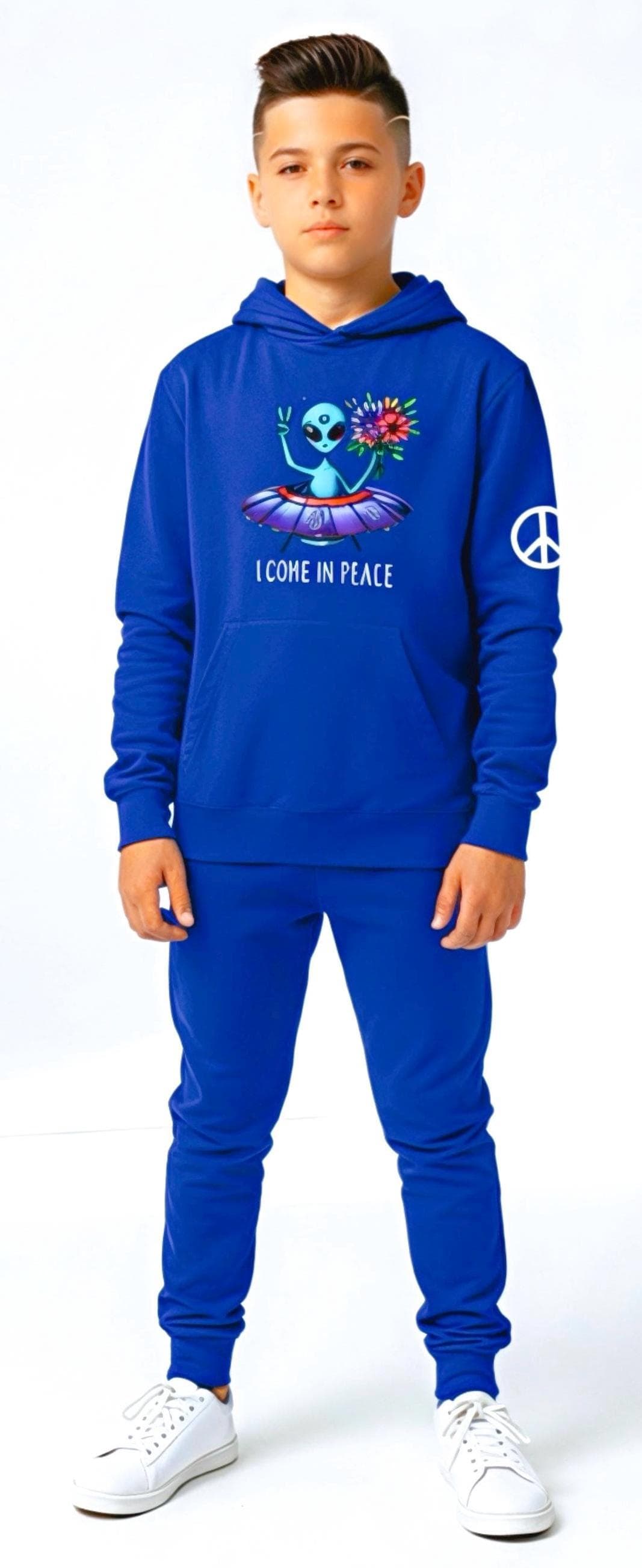 Kids alien spaceship hoodie, bright blue pullover with alien peace graphic and peace sleeve logo