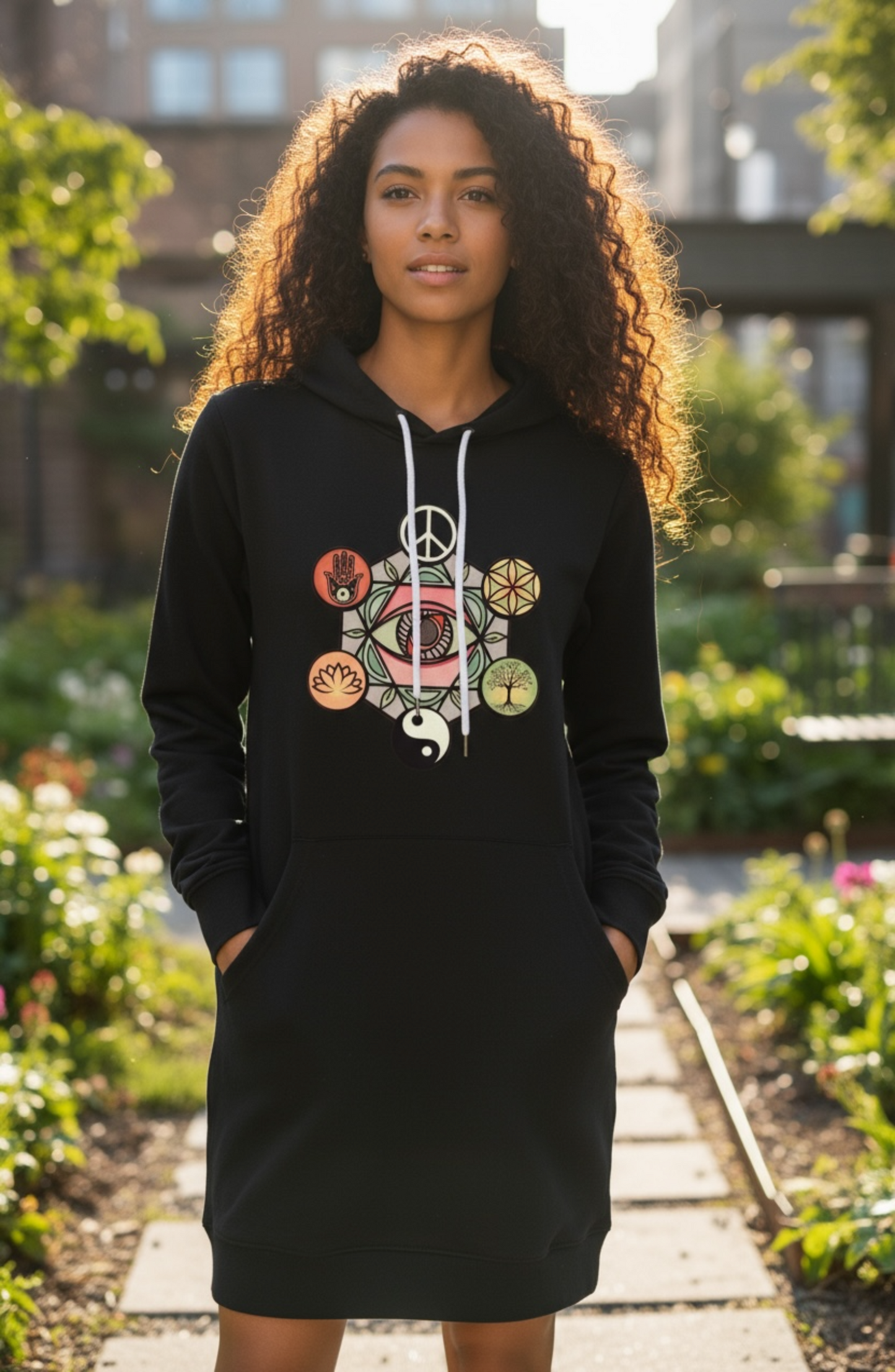 Geometric Energy Hoodie Dress – Spiritual Symbol Print