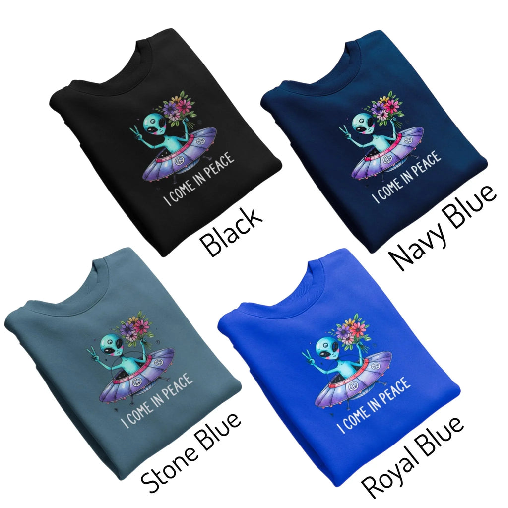 Youth UFO spaceship graphic sweatshirts in black, navy blue, stone blue, and royal blue.
