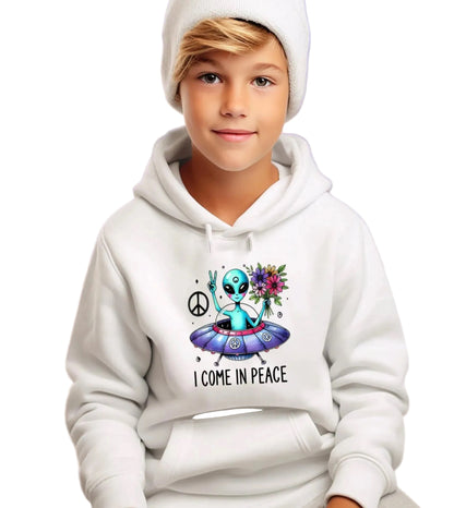 Black "I Come in Peace" hoodie from Elements Of Basic displayed on a mannequin, showcasing its relaxed fit and graphic design.