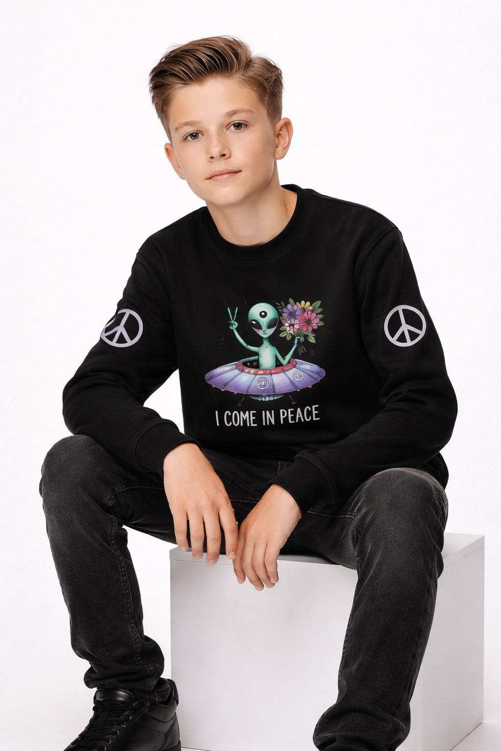 Black youth crewneck sweatshirt with alien peace graphic and long sleeves