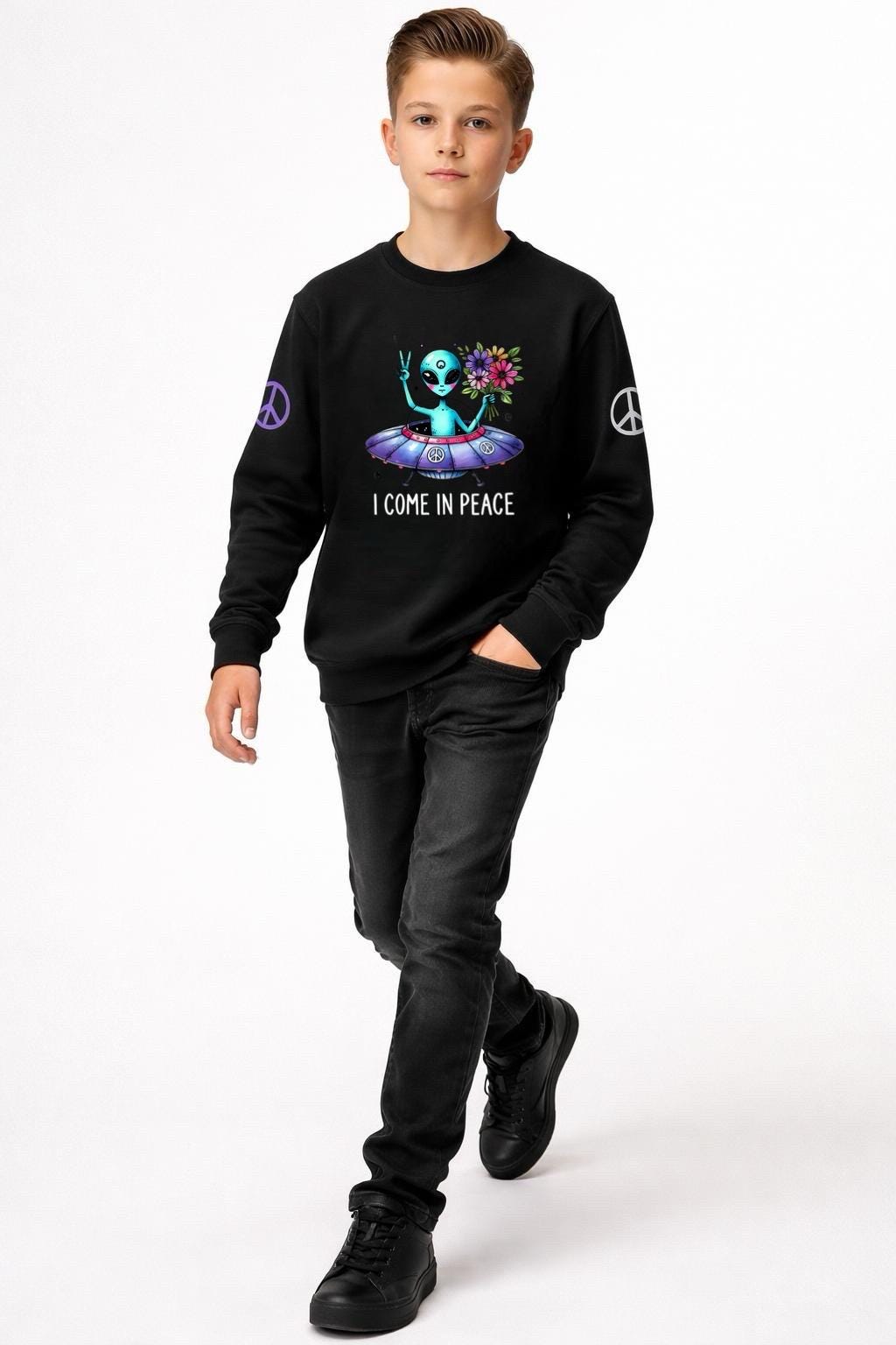 Black youth crewneck sweatshirt with alien peace graphic and long sleeves