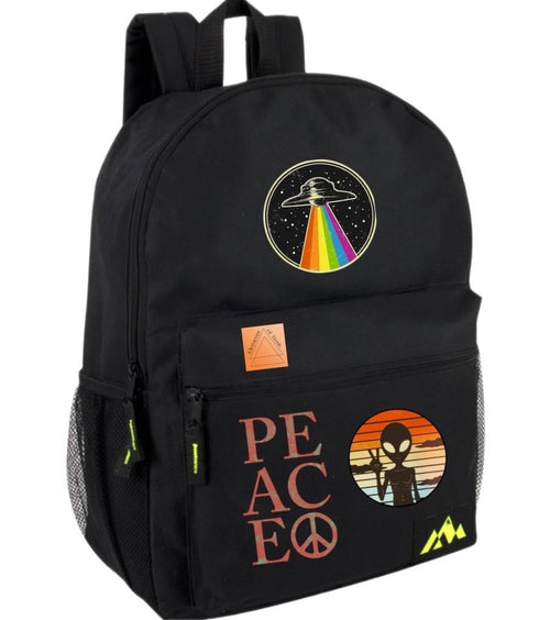 Black backpack with alien and peace symbol graphic, front zip pocket, mesh side panels