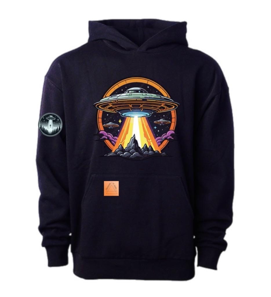 Men's dark pullover hoodie with UFO graphic front and kangaroo pocket, hood