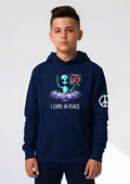 Kids alien spaceship hoodie, navy blue pullover with alien peace graphic on chest