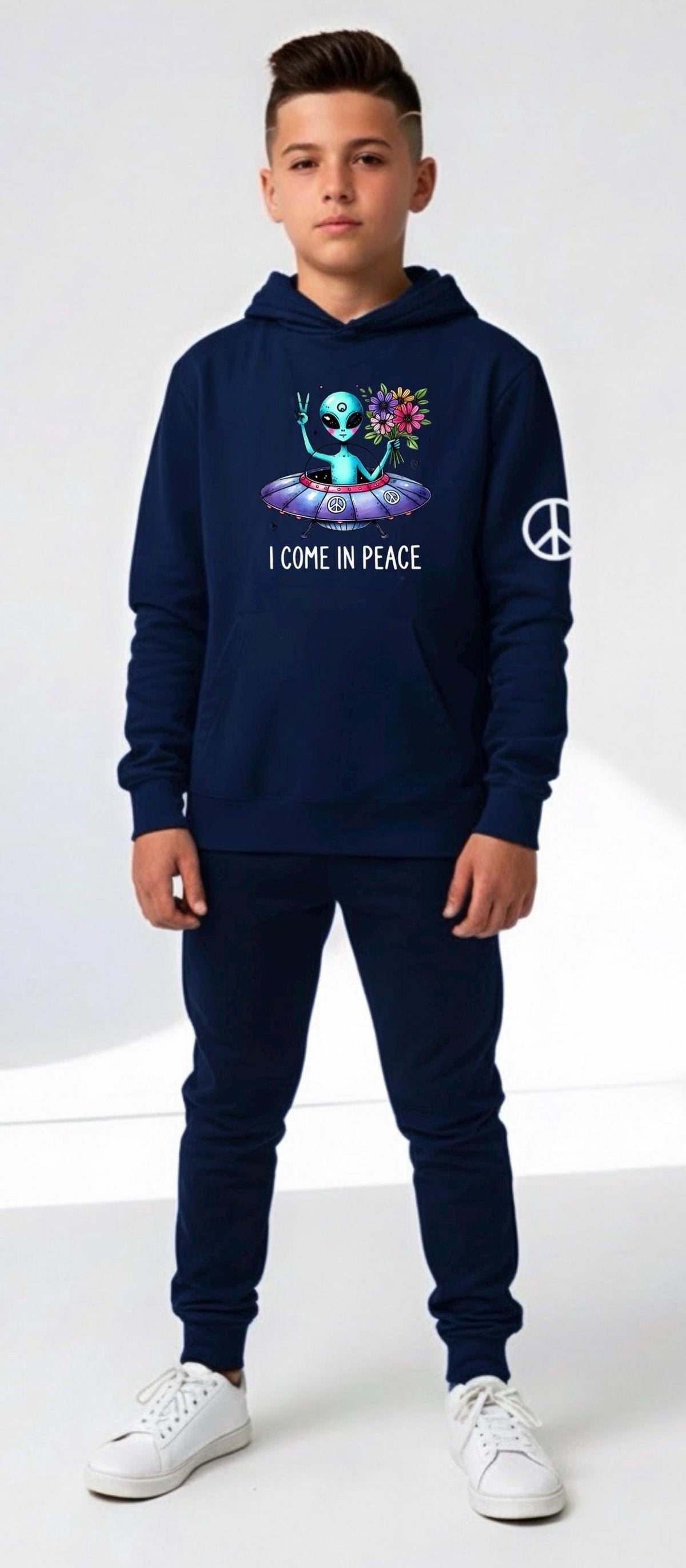 Kids alien spaceship hoodie, navy blue pullover with alien peace graphic on chest