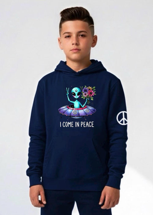 Kids alien spaceship hoodie, navy blue pullover with alien peace graphic on chest