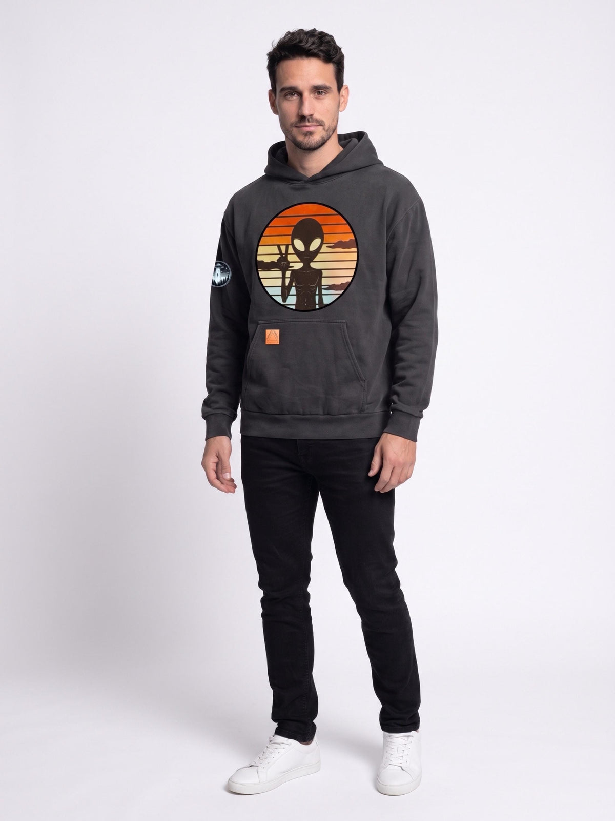 Dark gray hoodie with large alien circle graphic and front kangaroo pocket