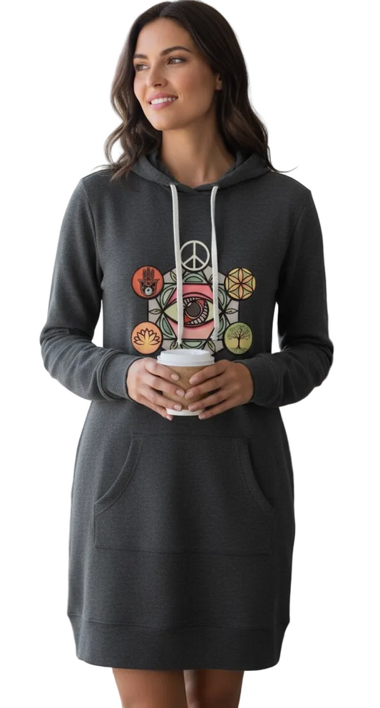 Spiritual Symbol Hoodie Dress by Elements Of Basic featuring a unique graphic design and cozy hooded style.