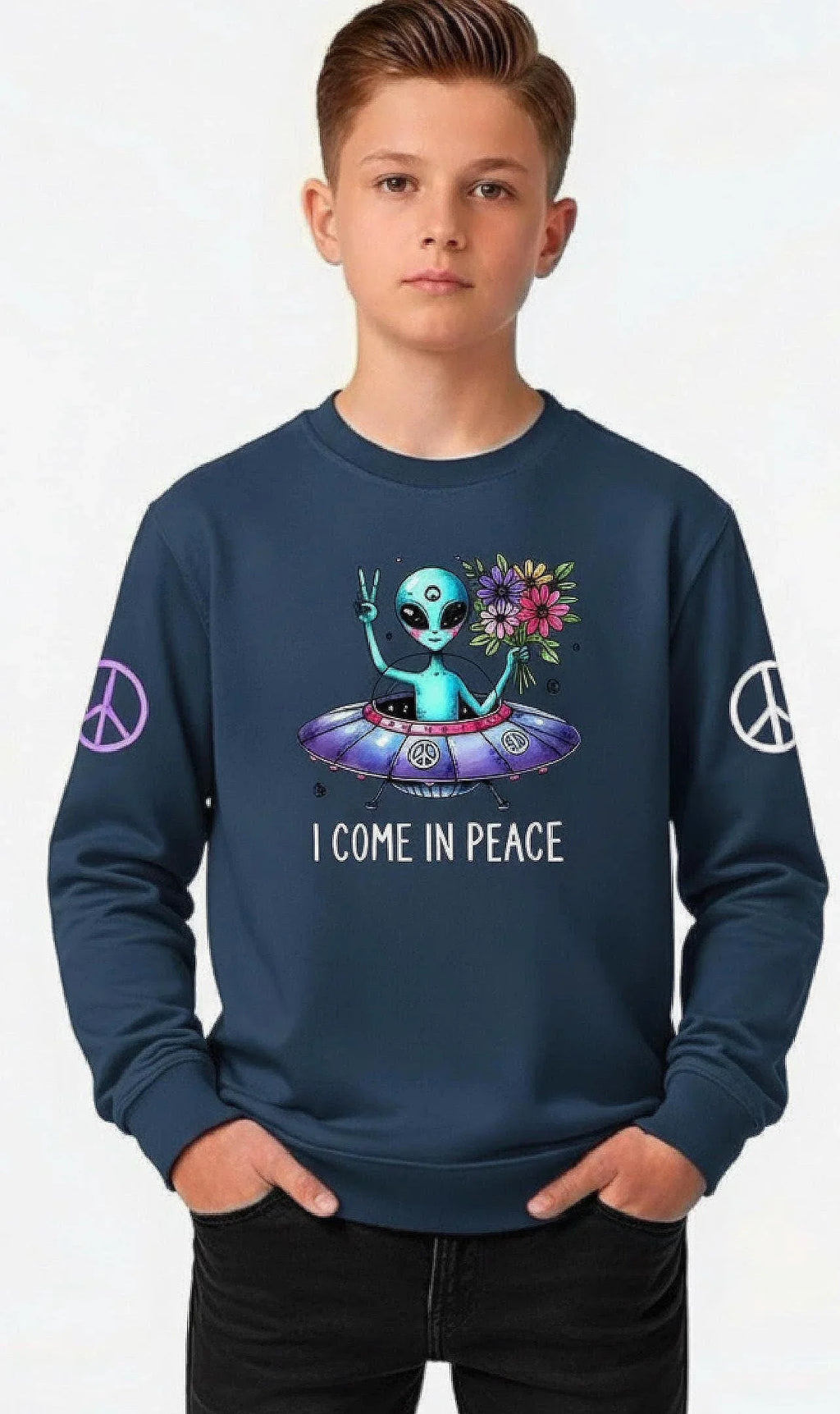 Youth blue sweatshirt featuring a cute alien in a UFO with flowers and 'I Come In Peace' text.