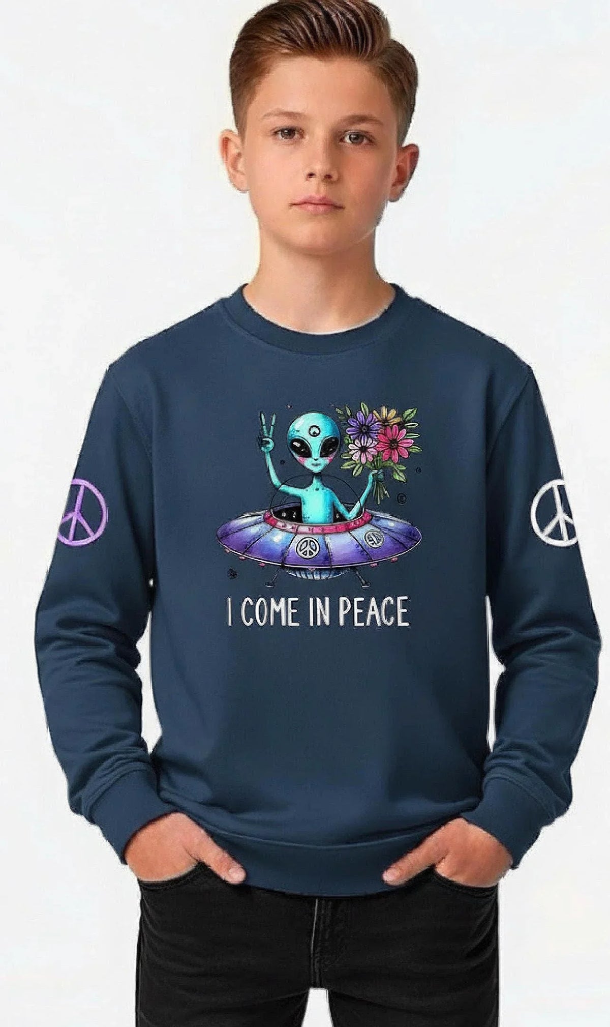 Youth blue sweatshirt featuring a cute alien in a UFO with flowers and 'I Come In Peace' text.