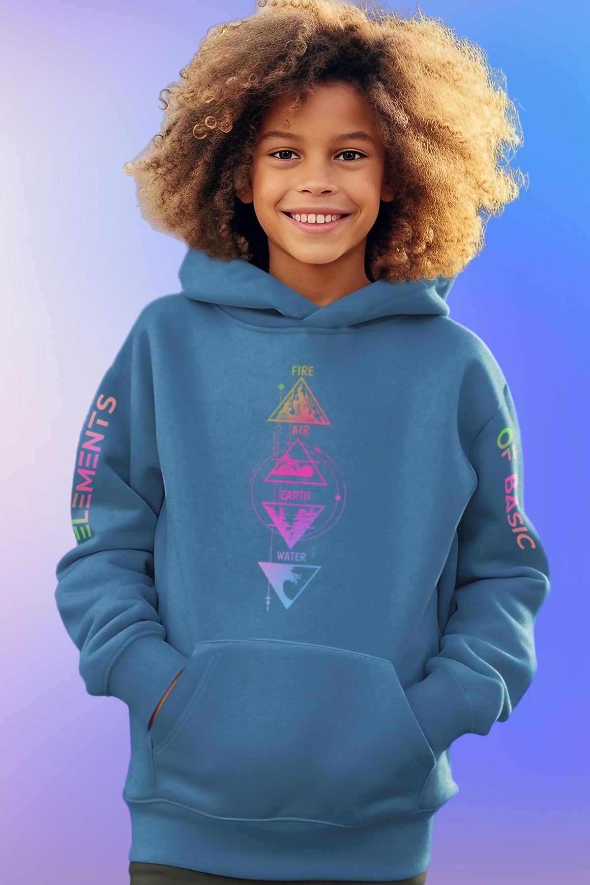 Heather blue youth hoodie with four-elements triangle graphic, hood and front pocket.