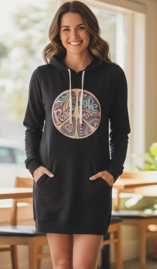 Peace Love Harmony Hoodie Dress for women – Artistic Street Fashion Comfy & Trendy