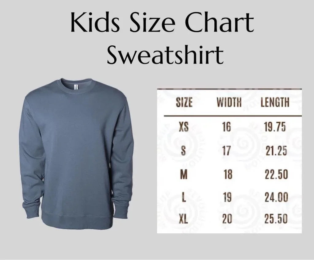 Kids size chart for youth alien sweatshirt showing width and length measurements.
