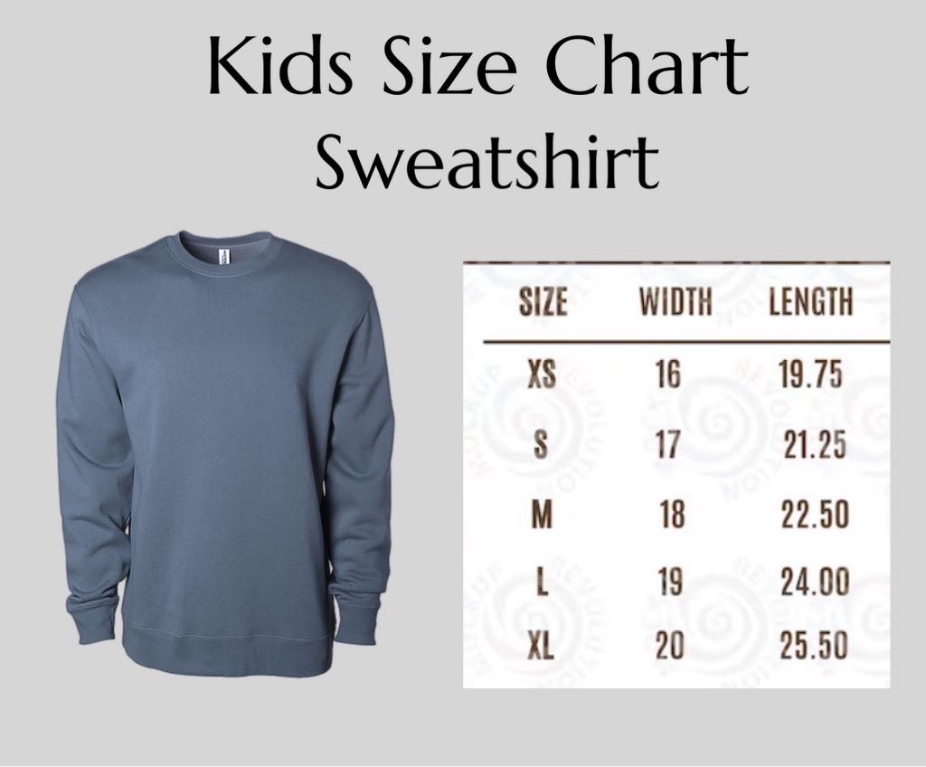 Kids size chart for sweatshirt with width and length table
