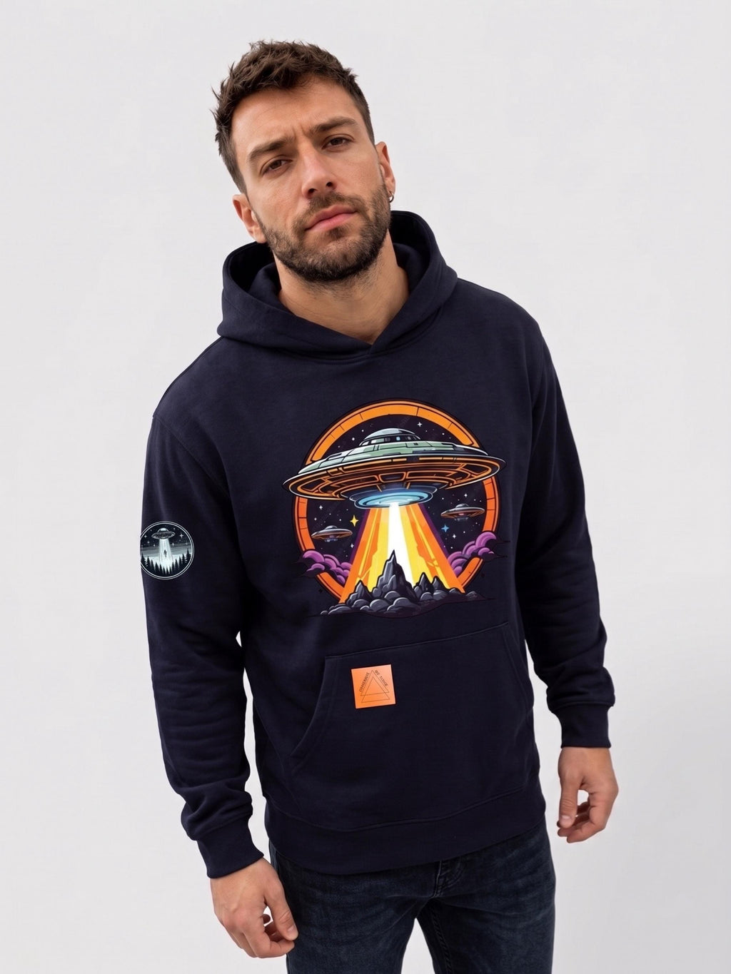 Men's dark hoodie with UFO graphic on chest, kangaroo pocket, orange label