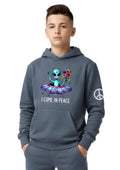 Kids alien spaceship hoodie, blue pullover with alien peace graphic on chest