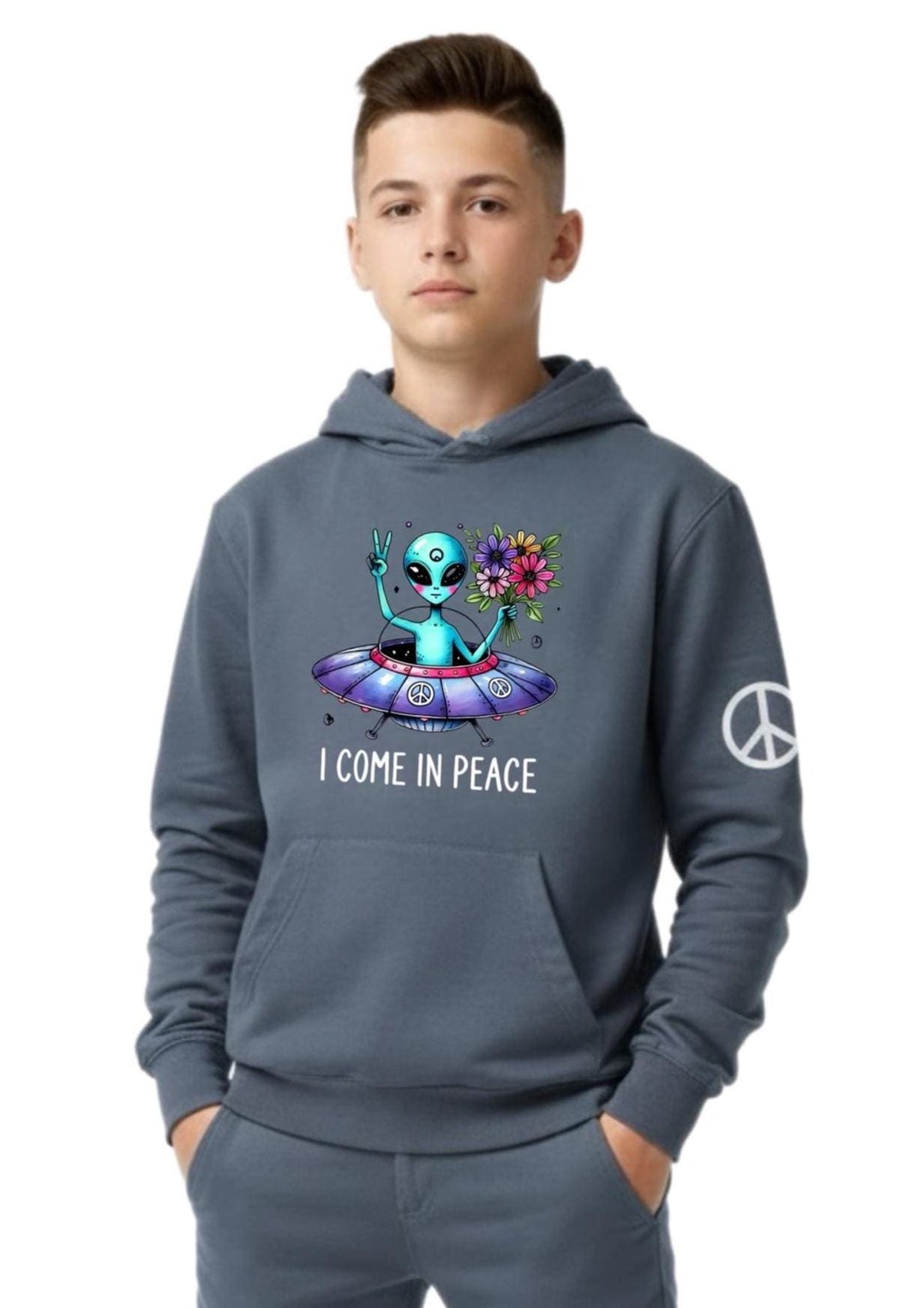 Kids alien spaceship hoodie, blue pullover with alien peace graphic on chest