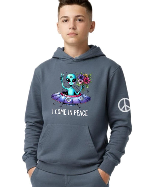 Kids alien spaceship hoodie, blue pullover with alien peace graphic on chest