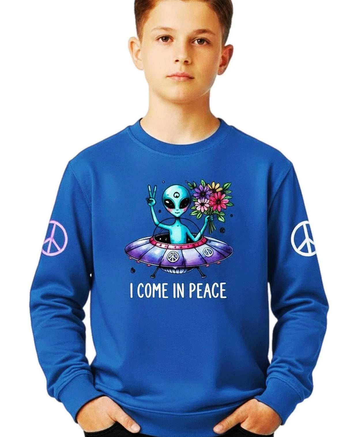 Youth blue sweatshirt featuring a cute alien in a UFO holding flowers with I Come In Peace text.