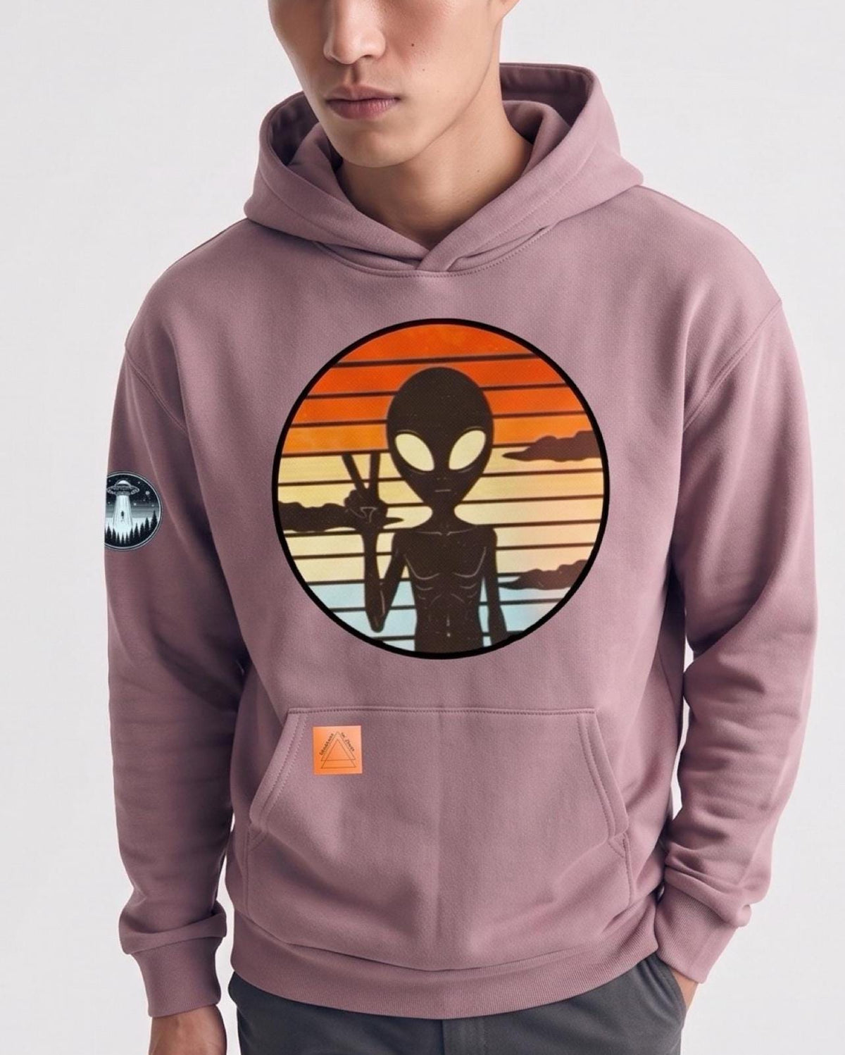 Dusty rose pink hoodie with a circular graphic of an alien silhouette against a retro sunset background on the chest, and a small circular patch on the sleeve.