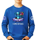 Royal blue youth sweatshirt with alien peace graphic and long sleeves