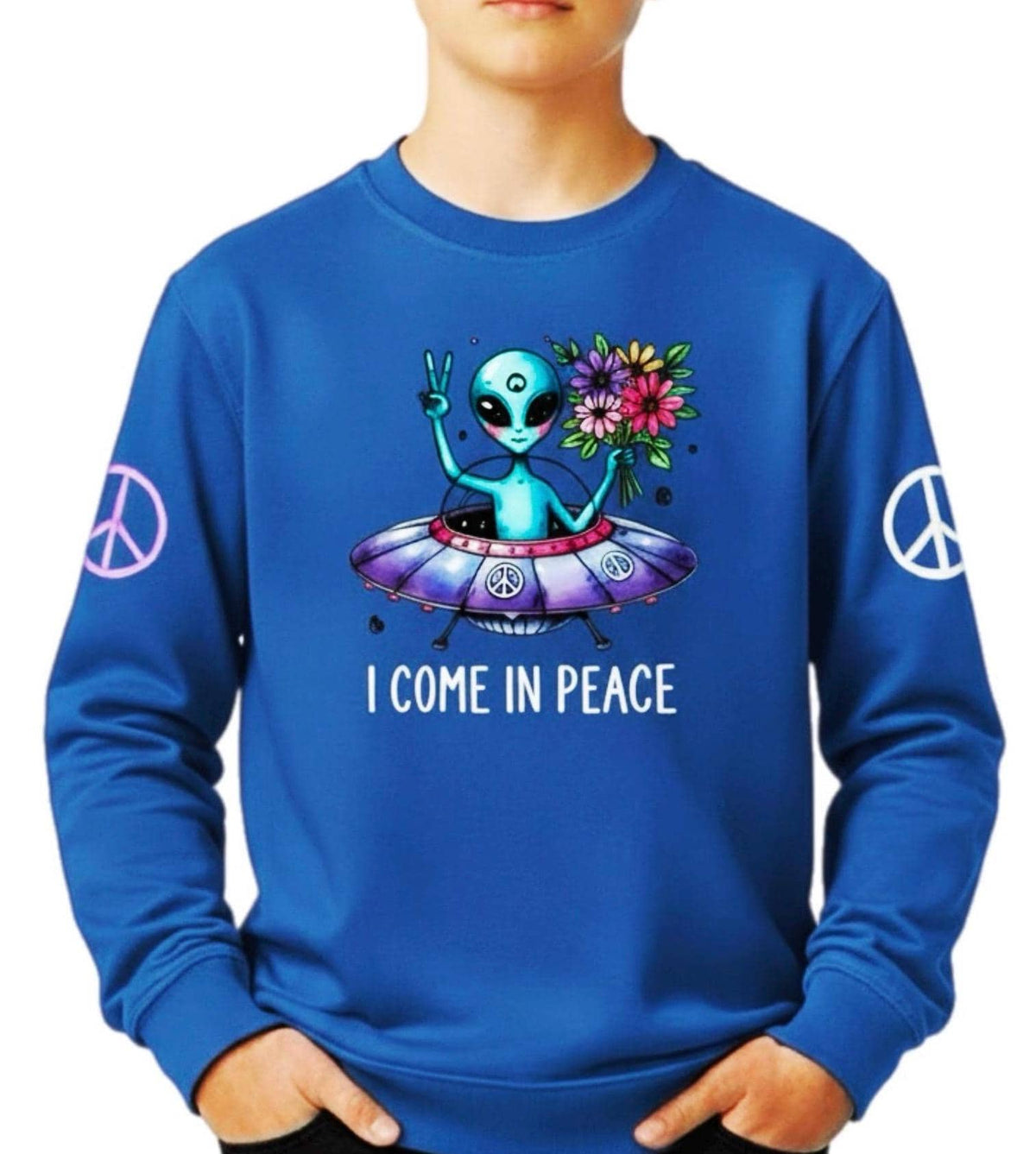 Royal blue youth sweatshirt with alien peace graphic and long sleeves