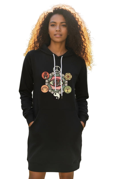 Spiritual Symbol Hoodie Dress by Elements Of Basic, featuring a cozy design with unique spiritual graphics and a hood.