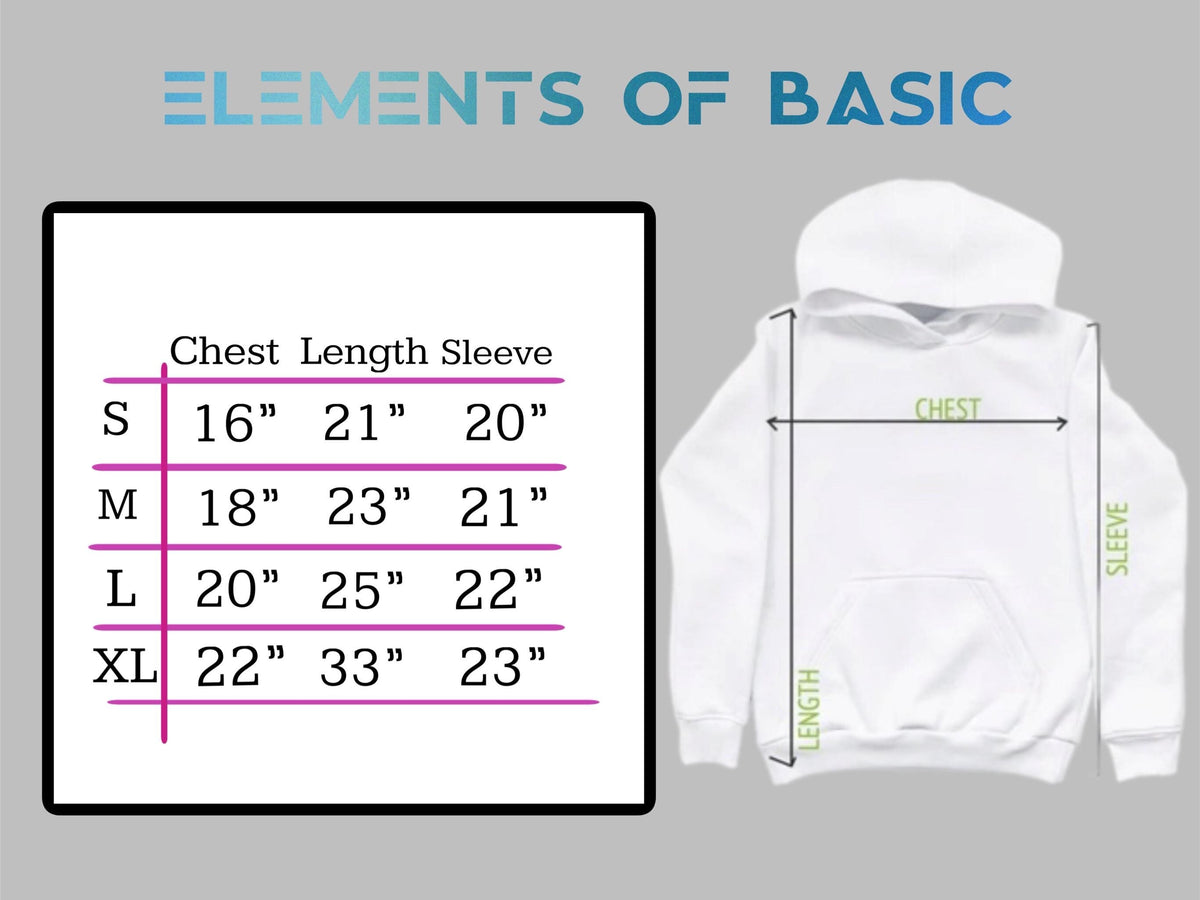 Youth hoodie size chart with chest, length, and sleeve measurements S–XL.