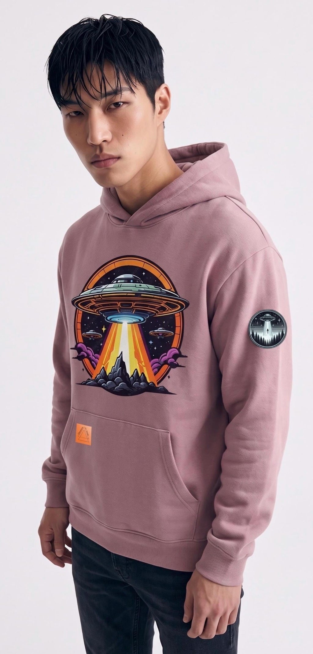 Men's dusty-rose pullover hoodie with UFO graphic on chest and kangaroo pocket