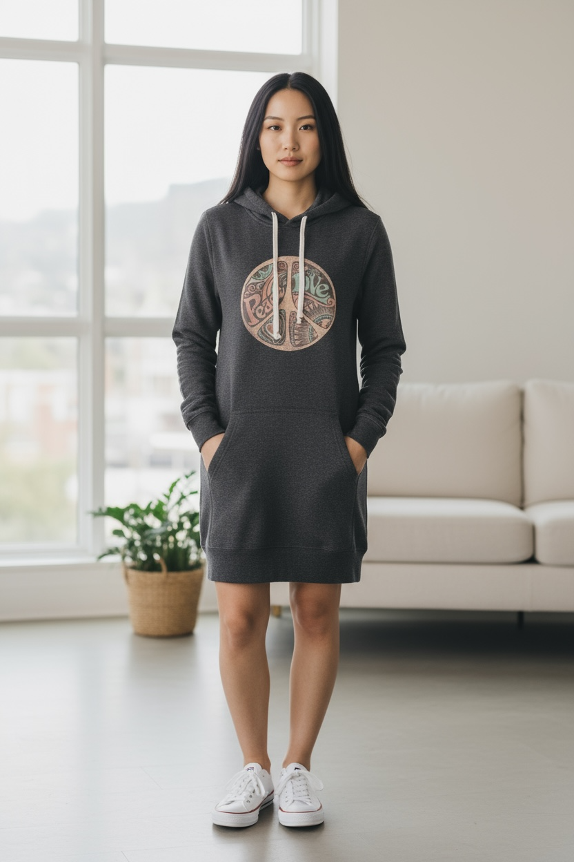 Peace Love Harmony Hoodie Dress for women – Artistic Street Fashion Comfy & Trendy