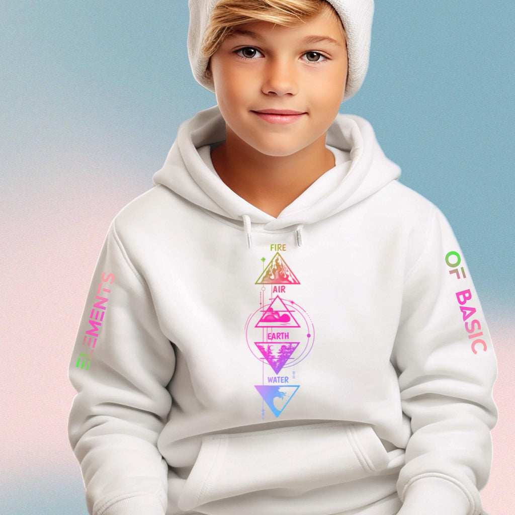 Youth white hoodie with four-elements triangle graphic on front, hood and front pocket.