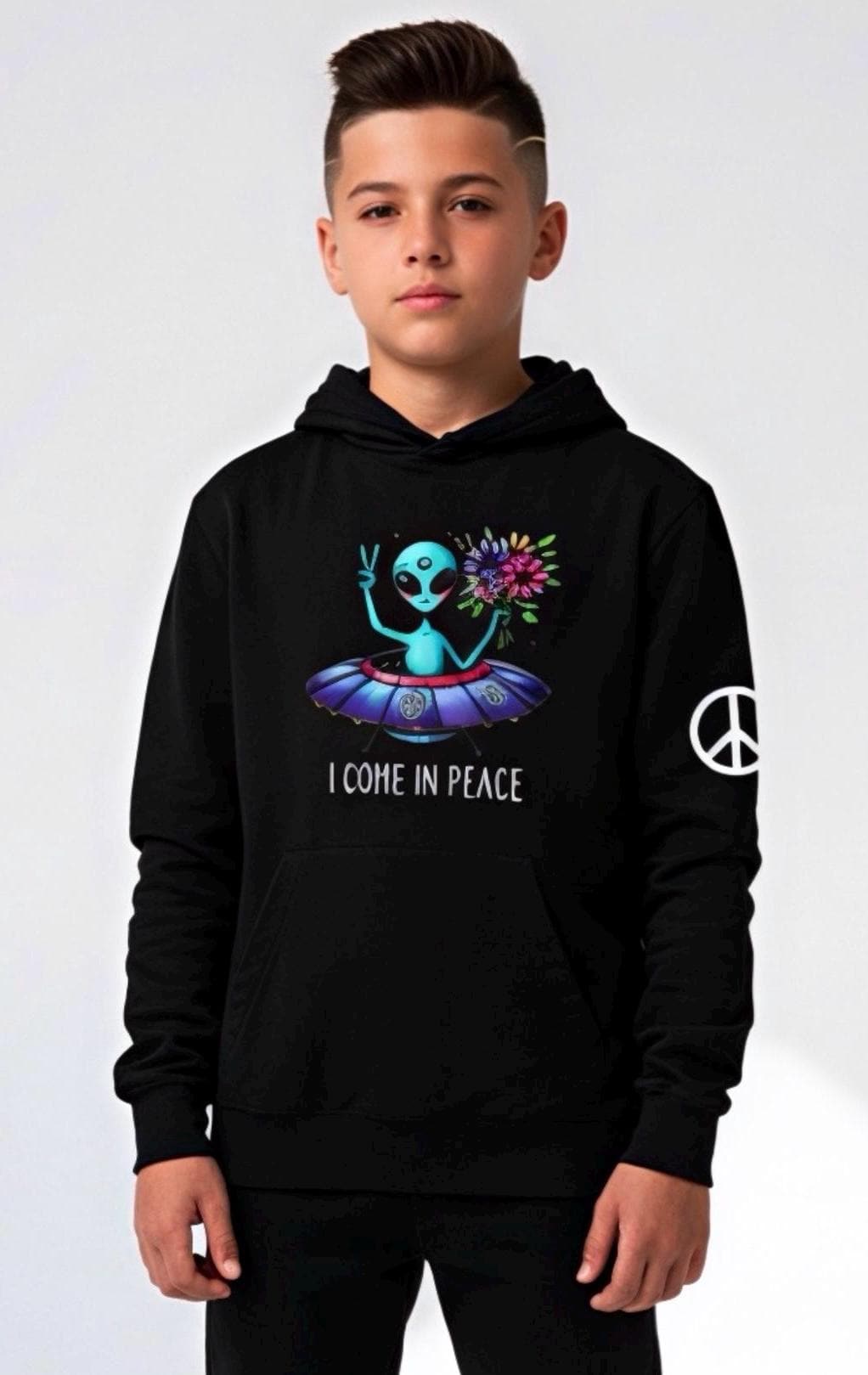 Kids alien spaceship hoodie, black pullover with alien peace graphic and peace sleeve logo