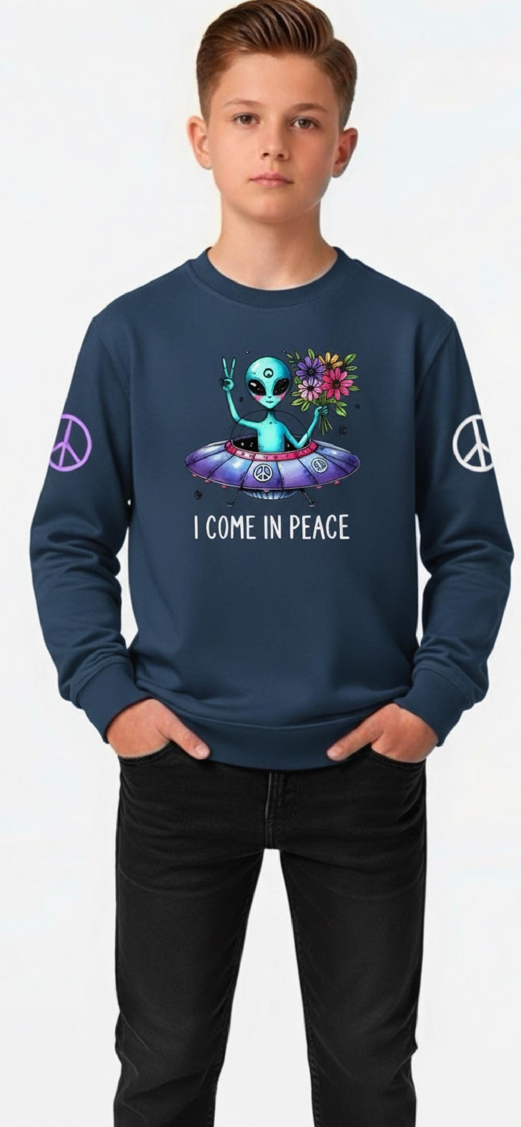 Dark blue youth crewneck sweatshirt with alien peace graphic and long sleeves