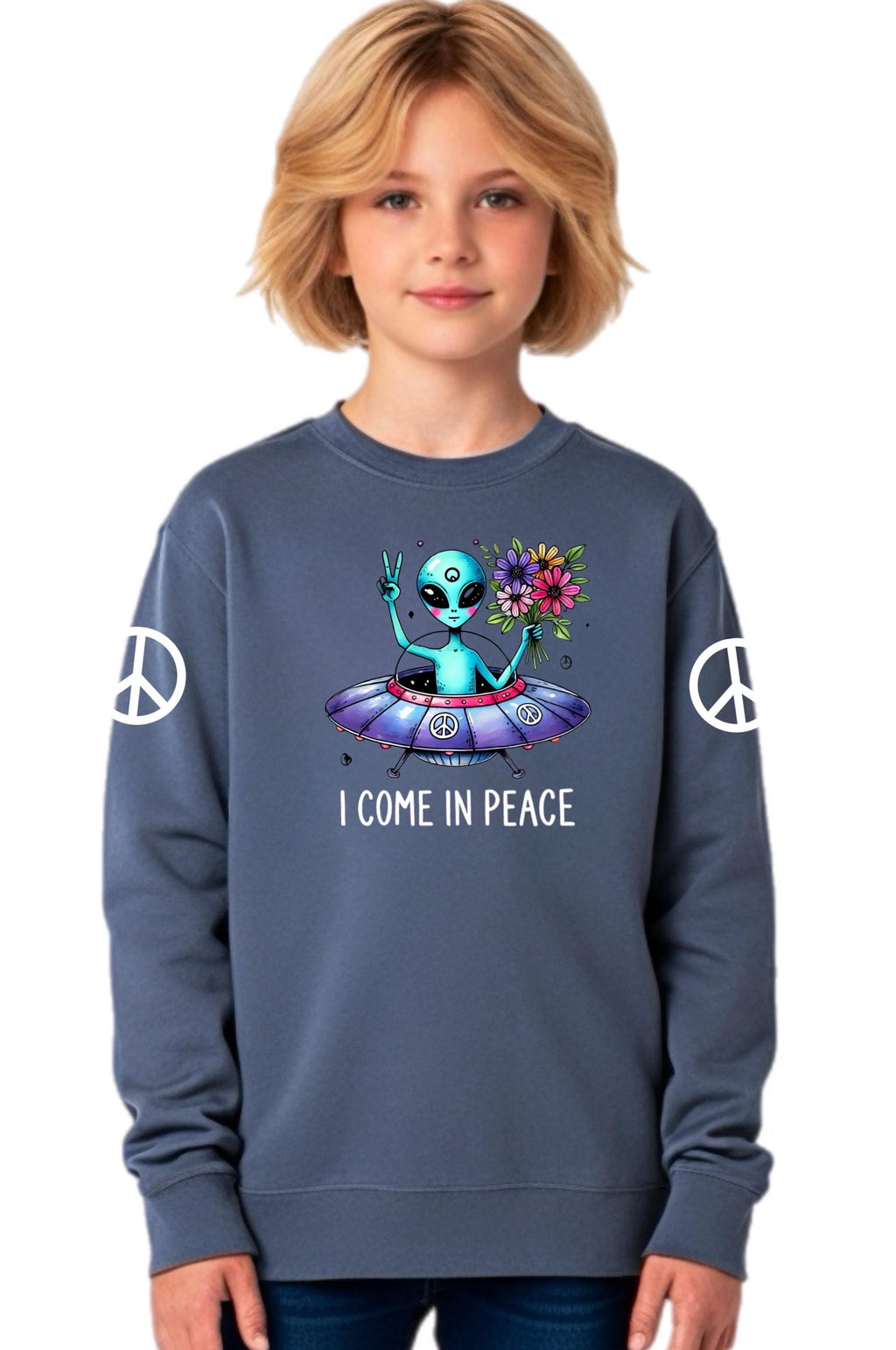 Dark blue youth crewneck sweatshirt with alien peace graphic and long sleeves