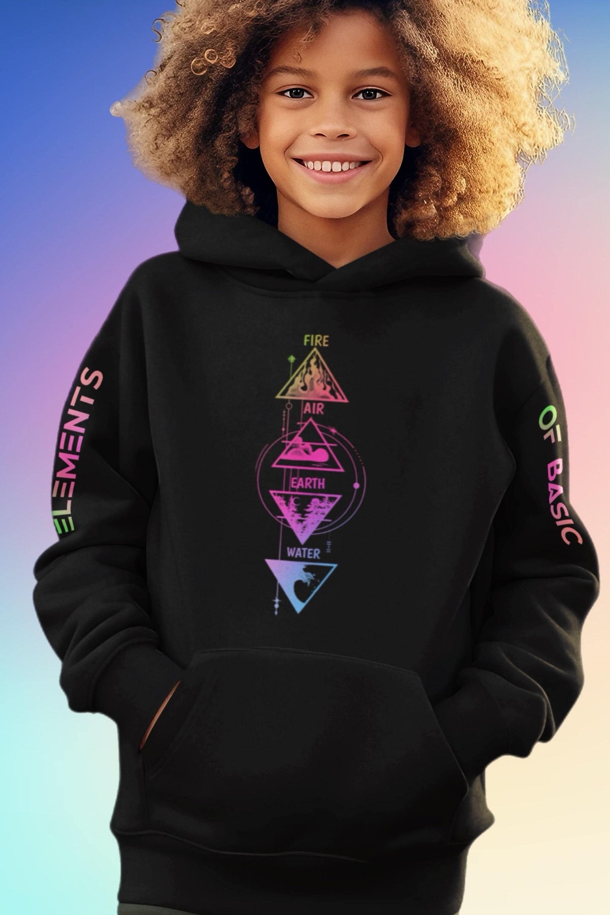 Black youth hoodie with four-elements triangle graphic, hood and kangaroo pocket.