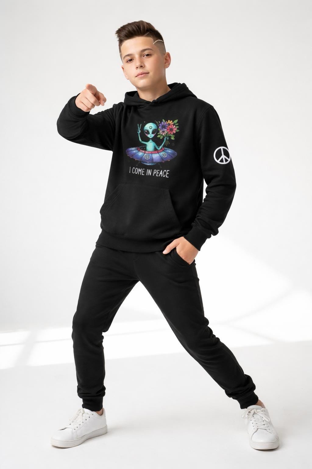 Kids alien spaceship hoodie, black pullover with alien peace chest print and peace emblem