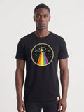 T-shirt with a circular graphic of a UFO and a rainbow beam of light 