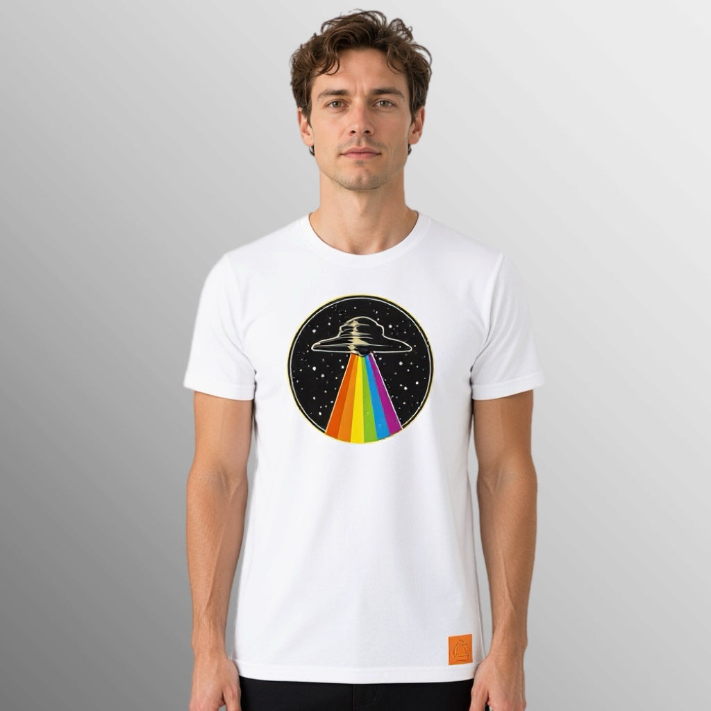 White unisex T-shirt with UFO rainbow graphic and small orange hem tag
