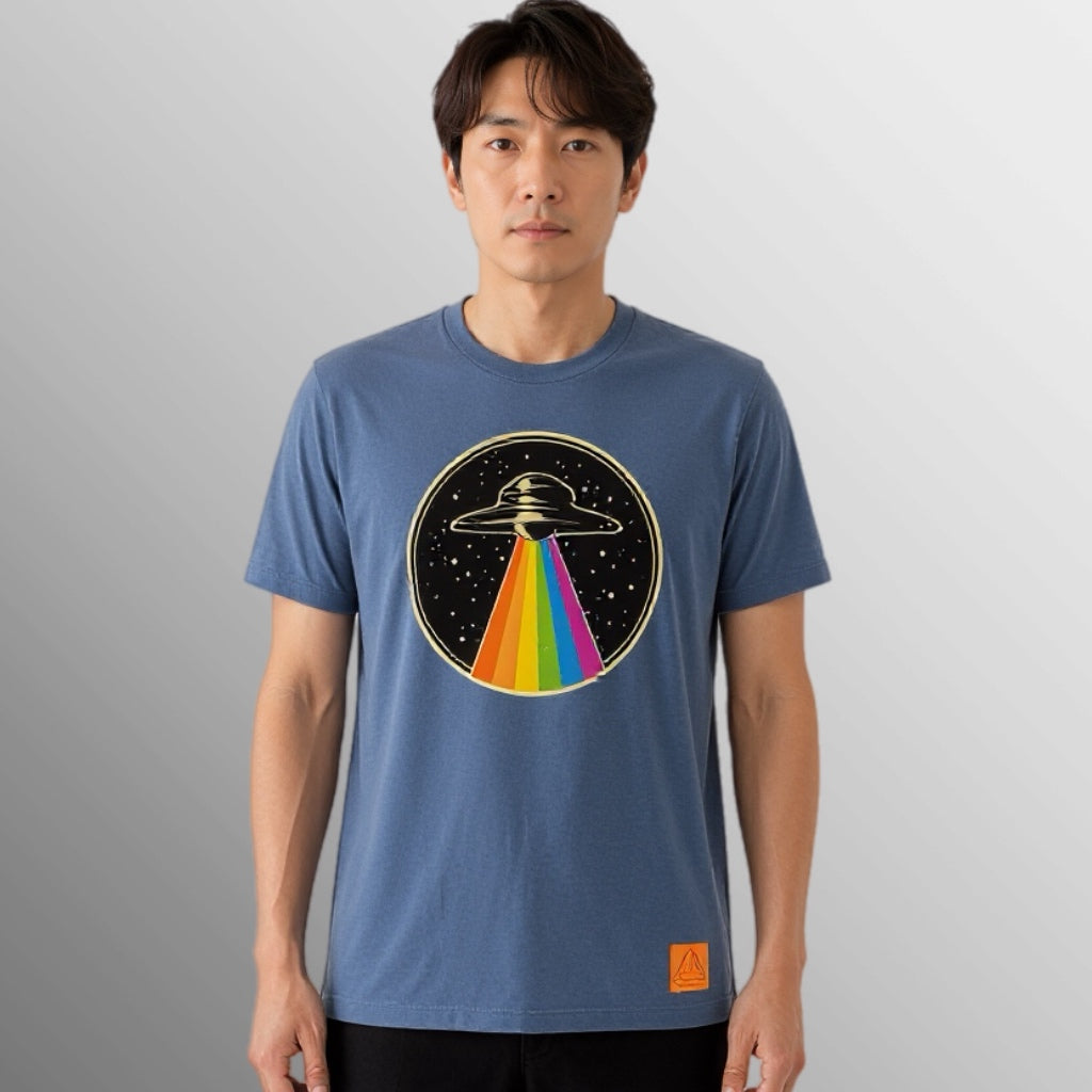 Slate blue unisex T-shirt with UFO rainbow graphic and small logo patch