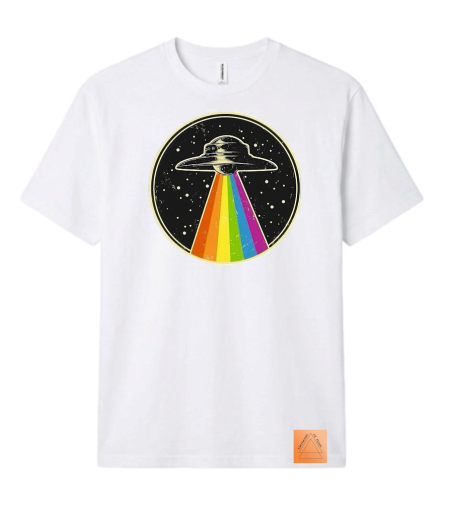 White unisex T-shirt with UFO rainbow graphic and orange hem tag
