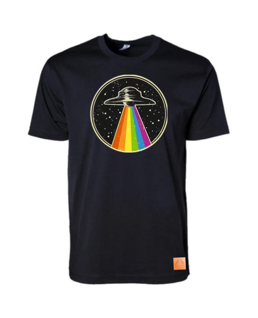 Black unisex T-shirt with UFO rainbow graphic and orange hem tag