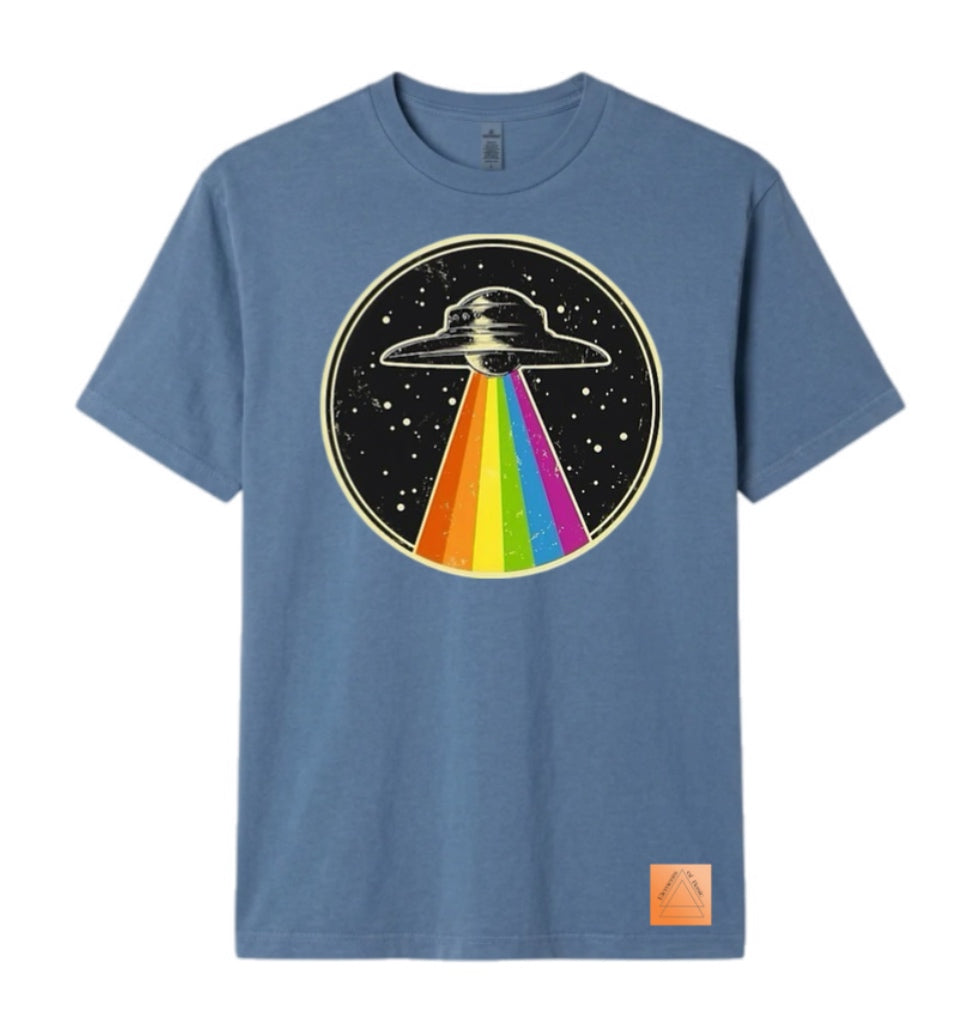 Slate blue unisex T-shirt with UFO rainbow graphic and orange hem tag