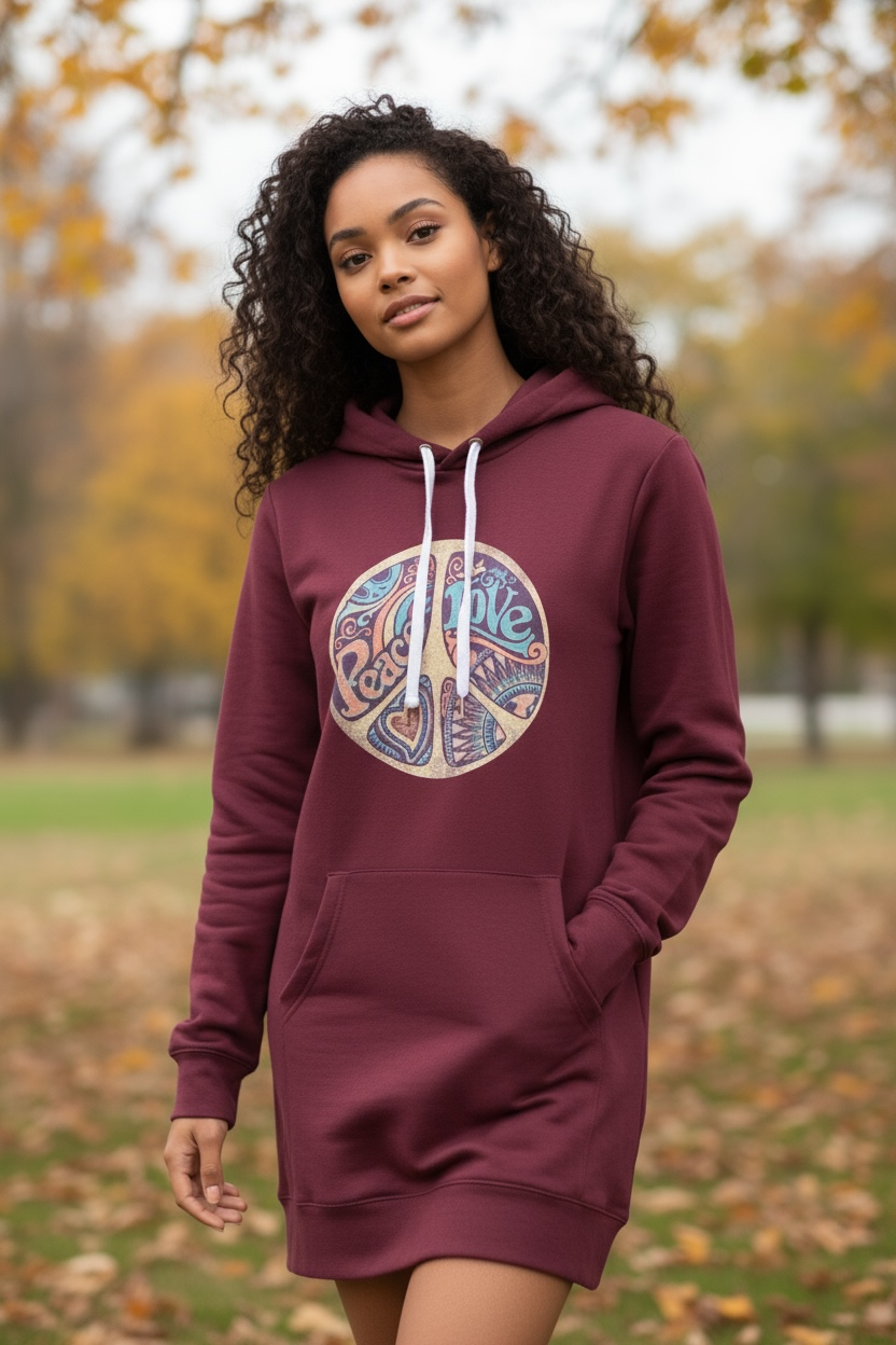Peace Love Harmony Hoodie Dress for women – Artistic Street Fashion Comfy & Trendy