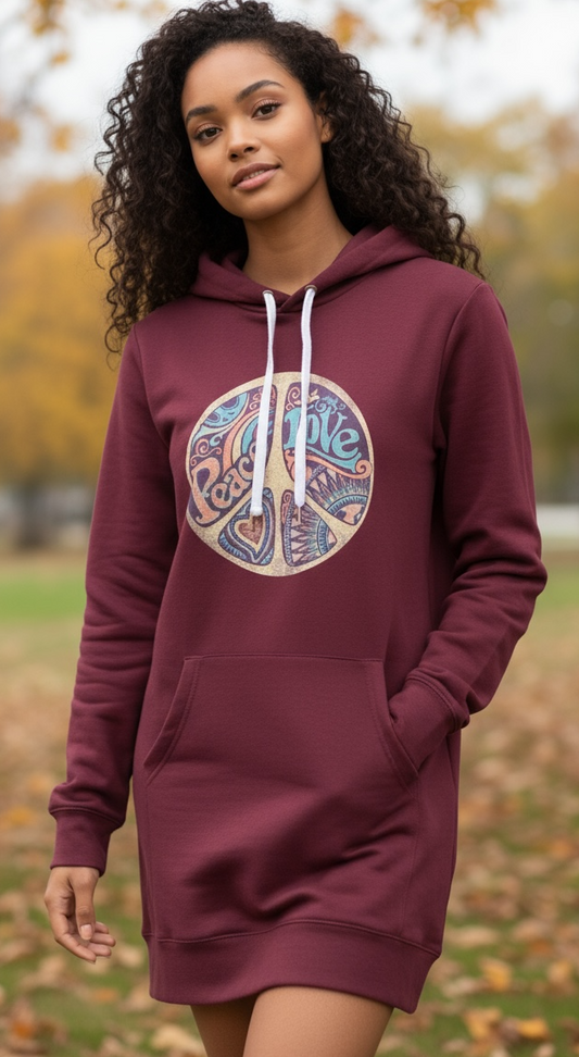 Peace Love Harmony Hoodie Dress for women – Artistic Street Fashion Comfy & Trendy