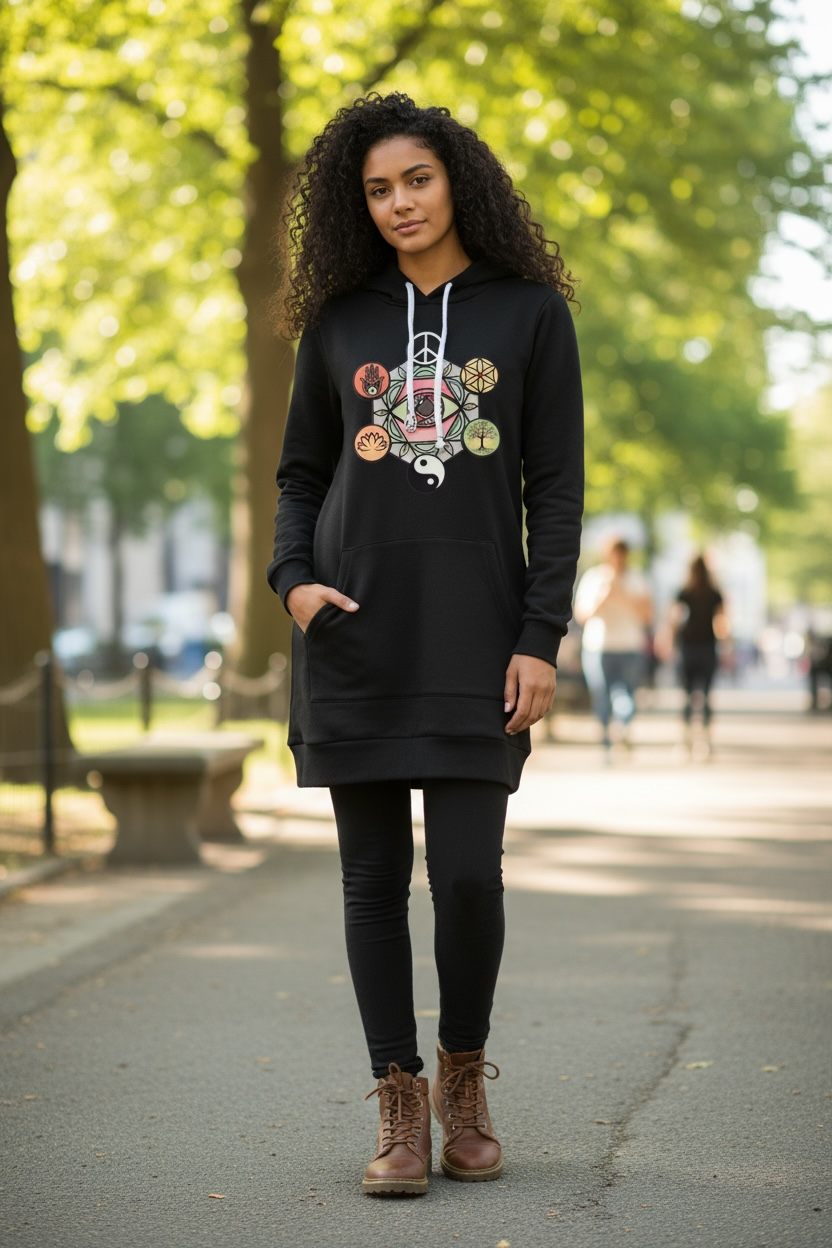 Geometric Energy Hoodie Dress – Spiritual Symbol Print