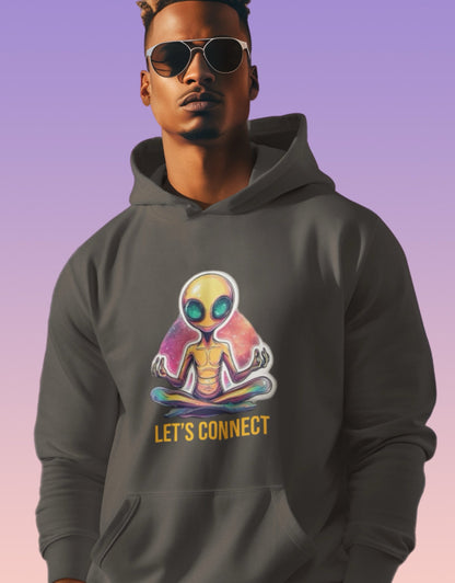 Adult hoodie in gray featuring "Let's connect" text, by Elements Of Basic, displayed on a neutral background.
