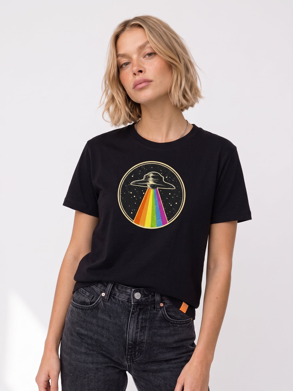 Black unisex T-shirt with UFO rainbow graphic front