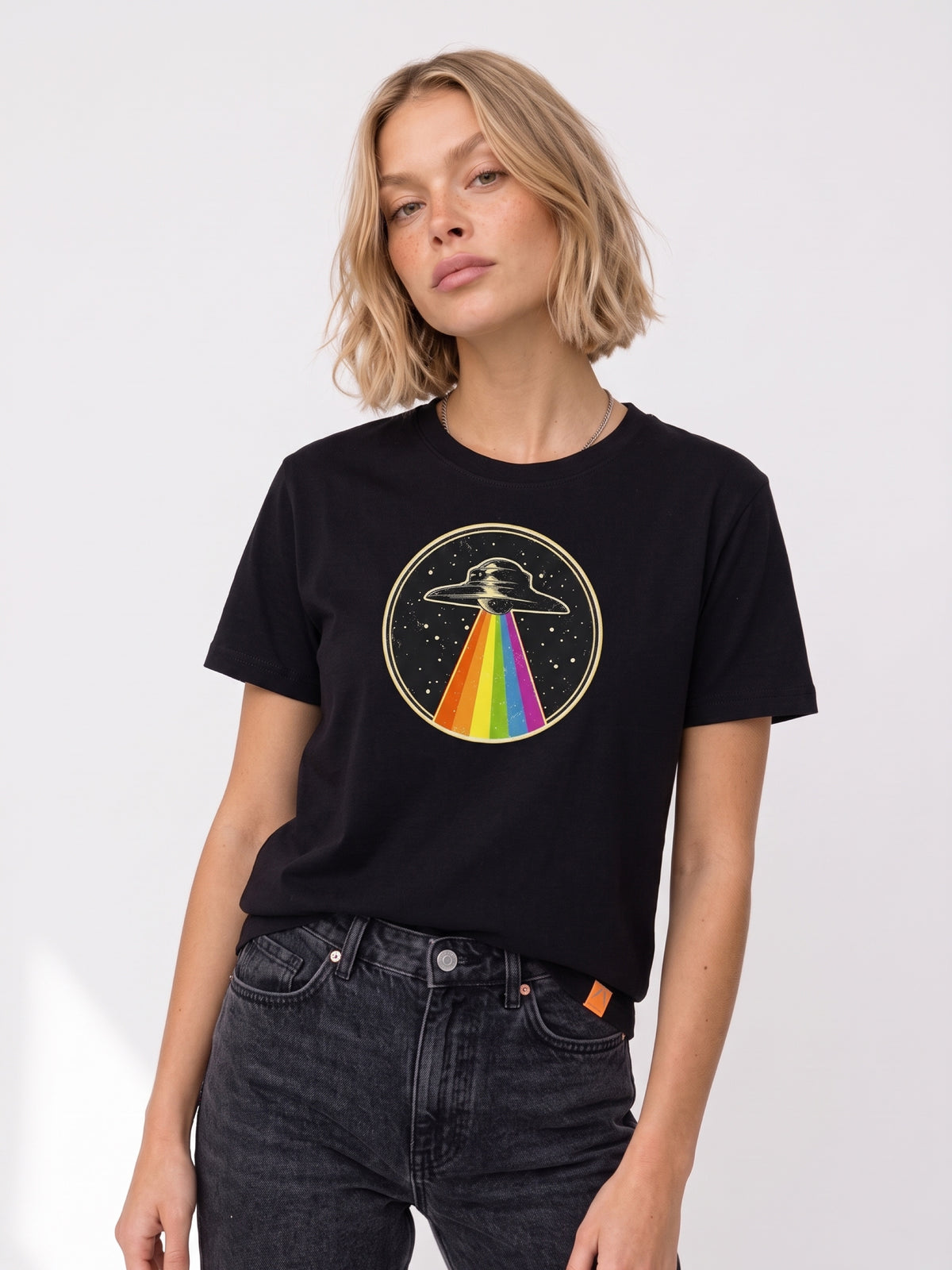Black unisex T-shirt with UFO rainbow graphic front