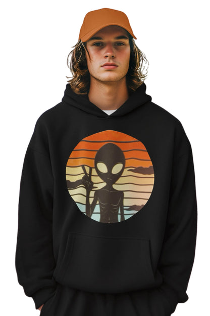 Adult Alien Art Print Hoodie from Elements Of Basic with vibrant alien graphic on a cozy fabric background.